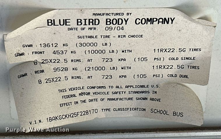 image for item NO9262 2005 Blue Bird Vision  school bus