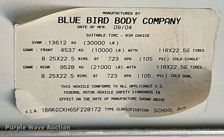 image for item NO9263 2005 Blue Bird Vision  school bus