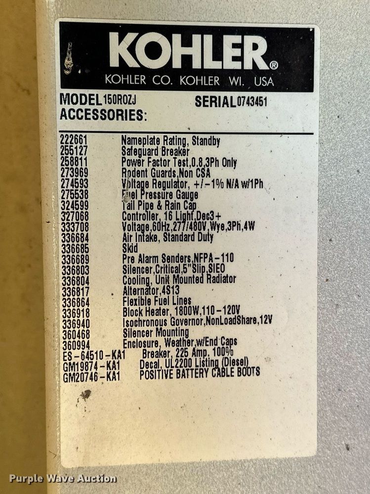 image for item NQ9429 Kohler 150ROZJ  generator