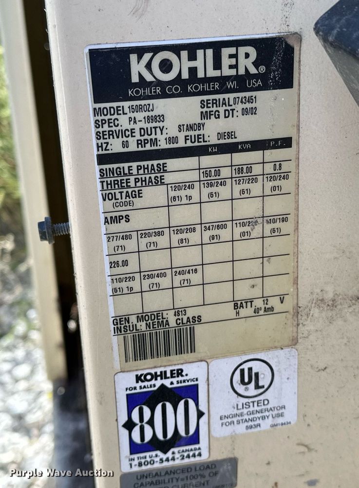 image for item NQ9429 Kohler 150ROZJ  generator