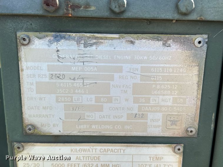 image for item NQ9432 1982 Libby Welding MEP-005A  generator