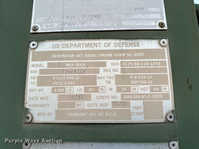 image for item NQ9437 1983 Fermont MEP-006A  generator