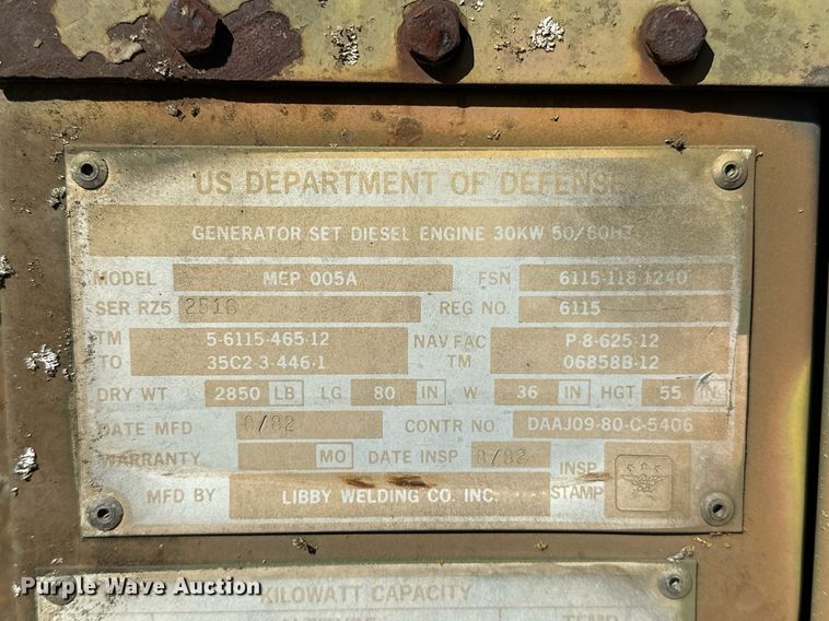 image for item NQ9440 1982 Libby Welding MEP-005A  generator