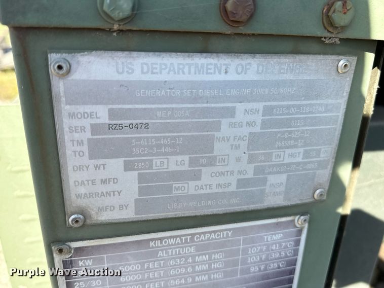 image for item NQ9441 1986 Libby Welding MEP-005A  generator