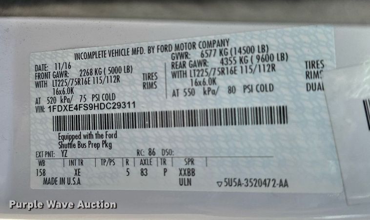 image for item NQ9461 2017 Ford E450  shuttle bus