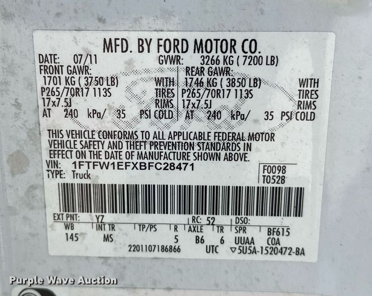 image for item NQ9468 2011 Ford F150  SuperCrew pickup truck