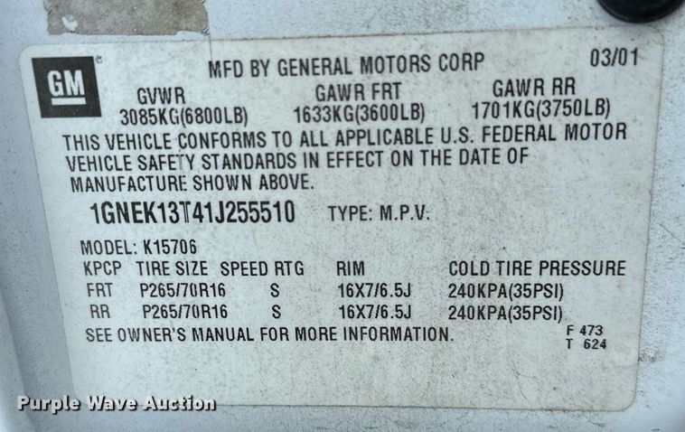 image for item OG9062 2001 Chevrolet Tahoe  SUV