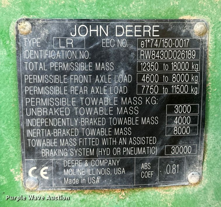 image for item IU9042 2008 John Deere 8430  MFWD tractor