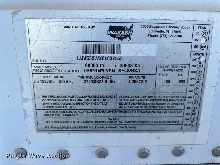 image for item DO5151 2008 Wabash  refrigerated van trailer