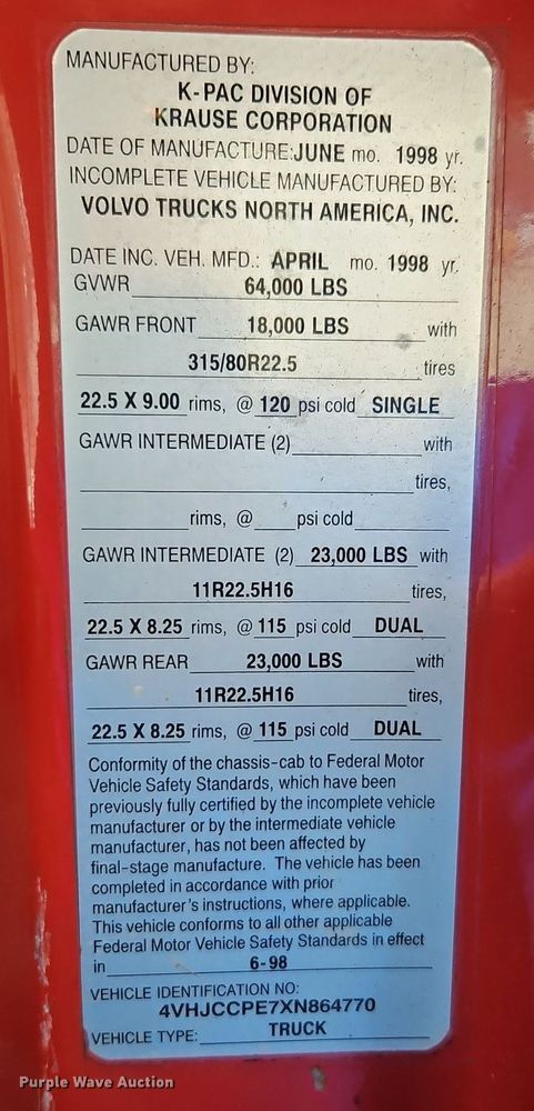 image for item DP2480 1999 Volvo WG64  roll-off container truck