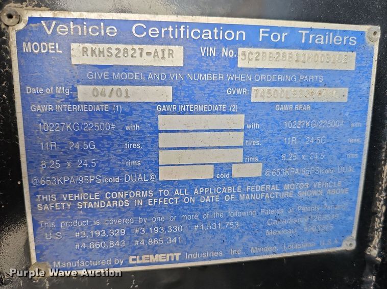 image for item DP2481 2001 Clement RKMS2827-AIR  end dump trailer