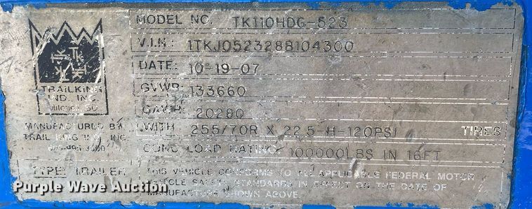 image for item NX9874 2008 Trail King TK110HDG-523  lowboy equipment trailer