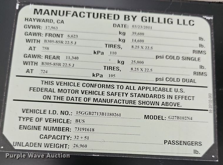 image for item DR5851 2011 Gillig G27B102N4  transit bus