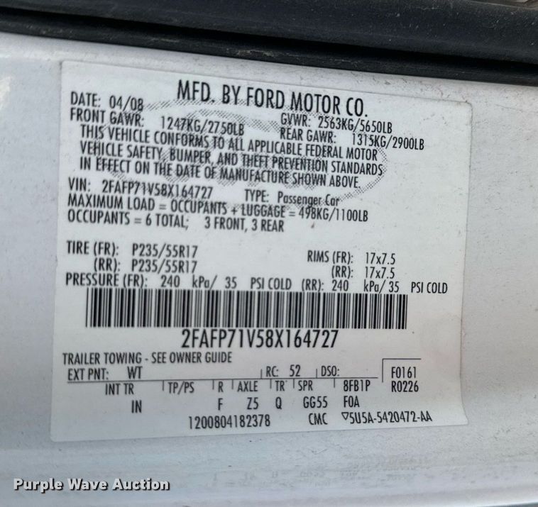 image for item JT9267 2008 Ford Crown Victoria Police Interceptor