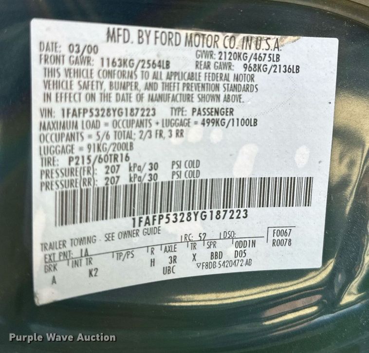 image for item JT9272 2000 Ford Taurus