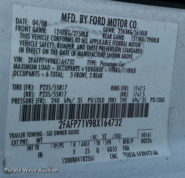 image for item JT9277 2008 Ford Crown Victoria Police Interceptor