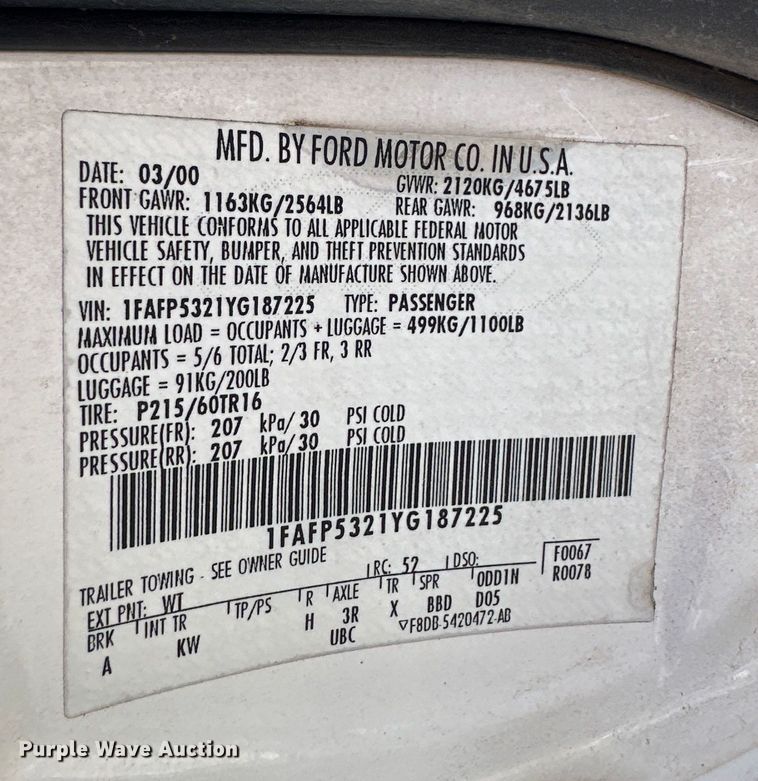 image for item JT9284 2000 Ford Taurus