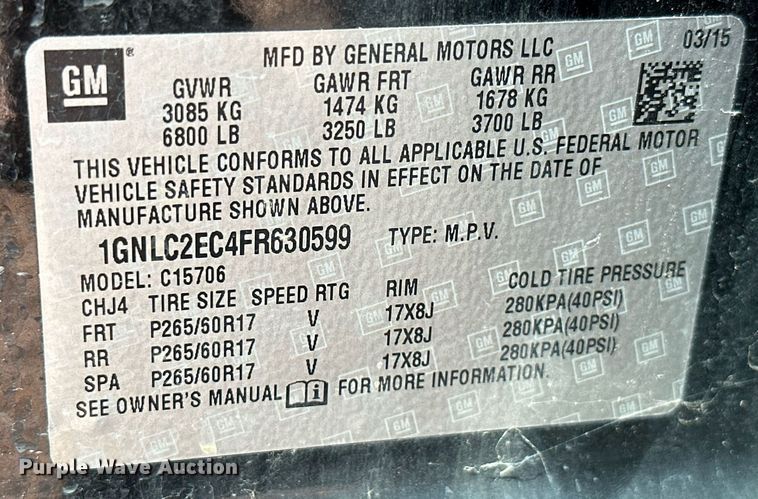 image for item KT9252 2015 Chevrolet Tahoe Police  SUV