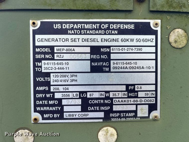 image for item MG9529 1993 Us Department Of Defense MEP-806A  generator