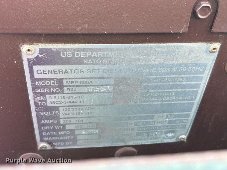 image for item MG9530 1993 Us Department Of Defense MEP-806A  generator