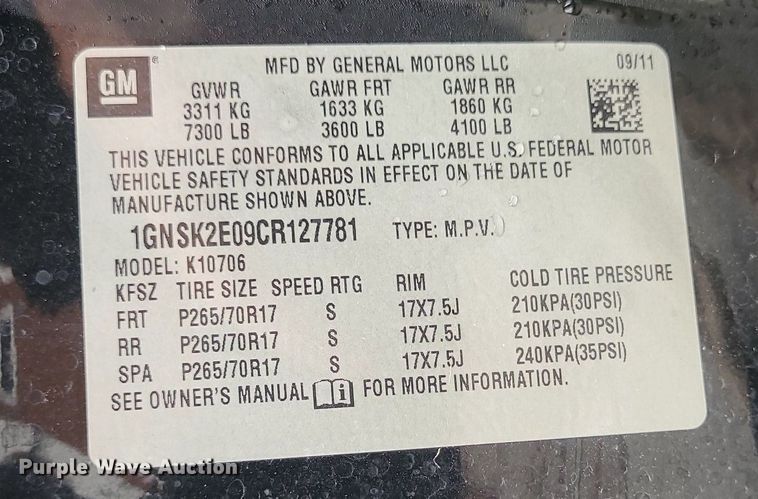 image for item MJ9472 2012 Chevrolet Tahoe Police  SUV