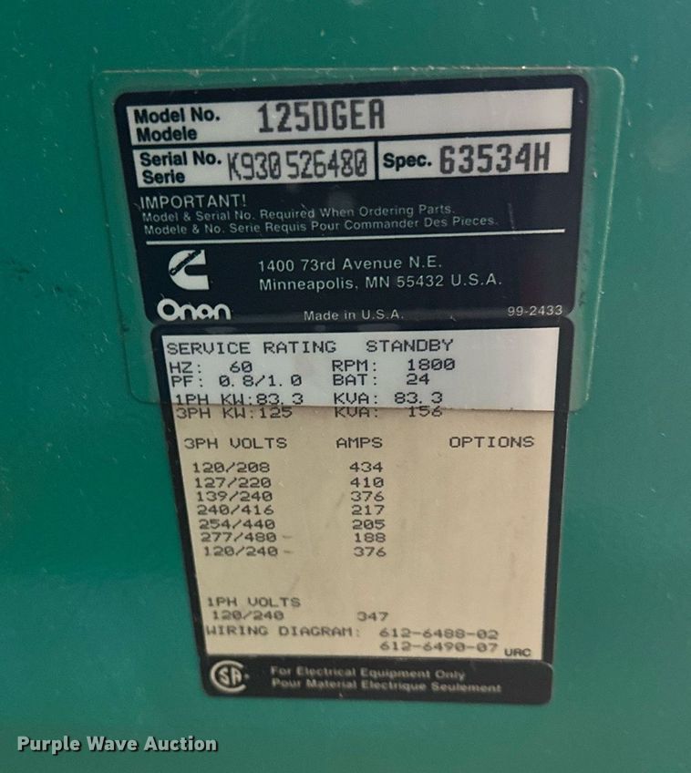 image for item MQ9501 Onan 125DGEA  generator