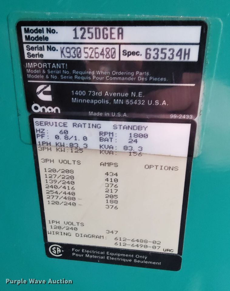 image for item MQ9501 Onan 125DGEA  generator