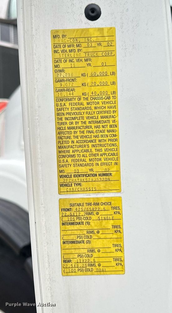 image for item MQ9503 2002 Sterling LT7501  sewer jetter truck