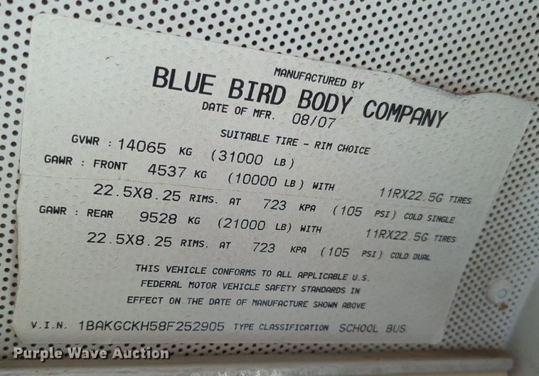 image for item MX9440 2008 Blue Bird Vision  school bus