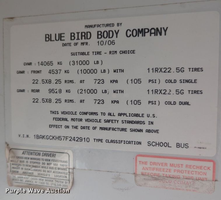 image for item MX9441 2007 Blue Bird Vision  school bus