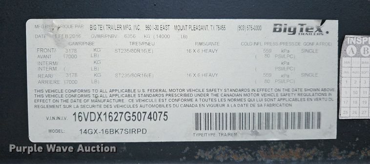 image for item NP9076 2016 Big Tex 14GX  end dump trailer