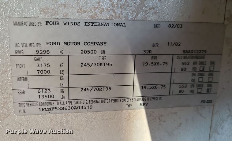 image for item DK4127 2003 Four Winds Hurricane  RV