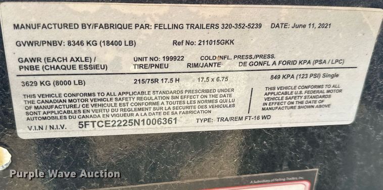 image for item DV1018 2022 Felling FT16WD  equipment trailer