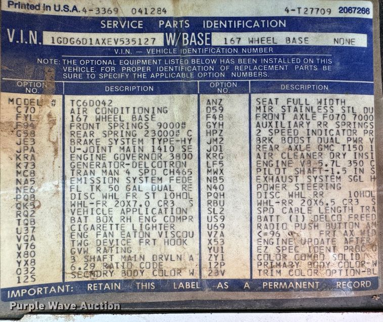 image for item GQ9220 1984 GMC C6000  dump flatbed truck