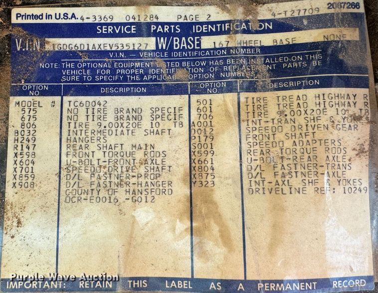 image for item GQ9220 1984 GMC C6000  dump flatbed truck