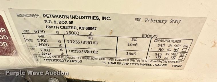 image for item IU9033 2007 Peterson Industries Excel  camper