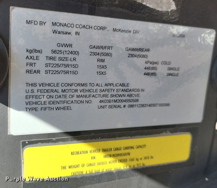 image for item JG9702 2009 Monaco Coach Starwood  camper