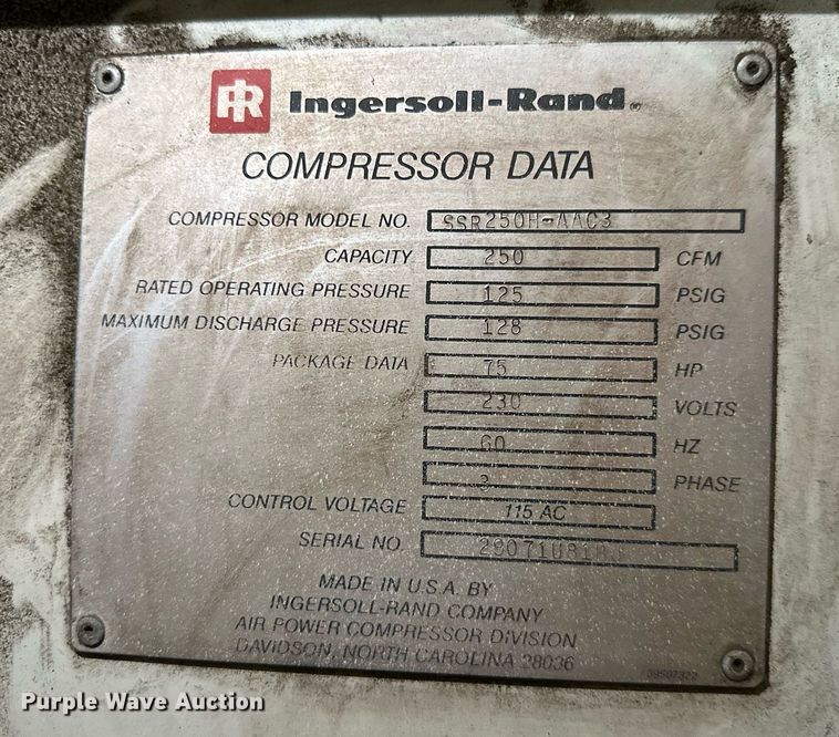 image for item KT9278 Ingersoll Rand SSR250H-AAC3  air compressor