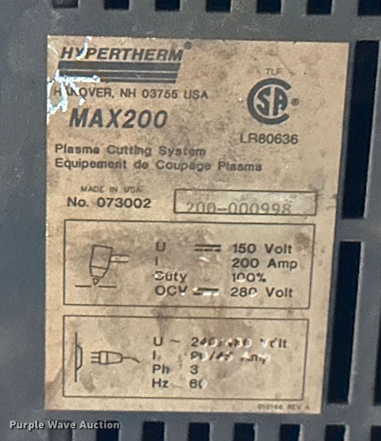 image for item KT9279 Hypertherm Max200  plasma cutter