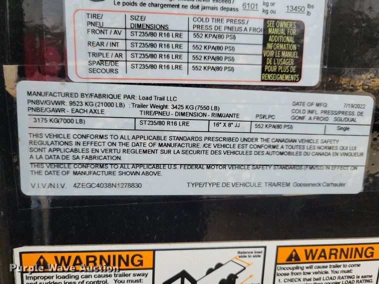image for item LO9959 2022 Load Trail  equipment trailer