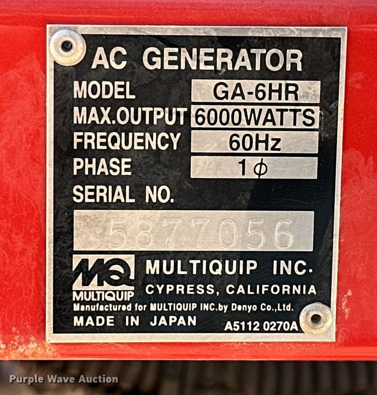 image for item NO9299 Multiquip GA-6HR  generator