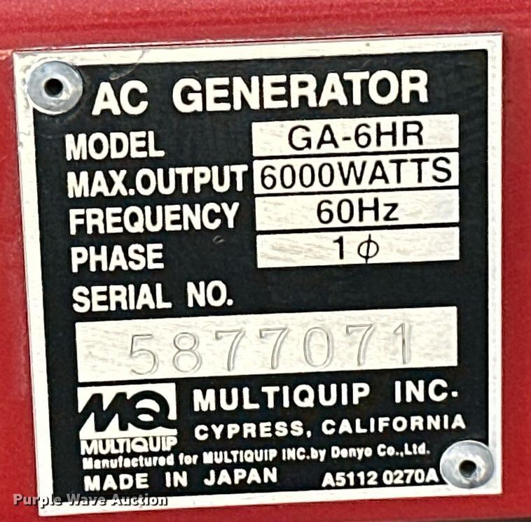 image for item NO9315 Multiquip GA-6HR  generator