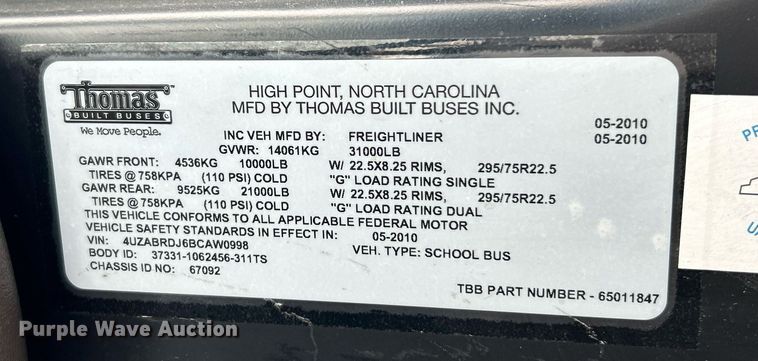 image for item NR9282 2011 Thomas B2  school bus