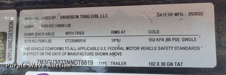 image for item OL9092 2022 Davidson  equipment trailer