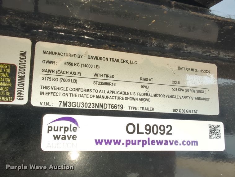 image for item OL9092 2022 Davidson  equipment trailer