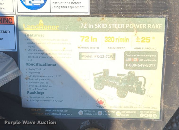 image for item OL9110 2023 LandHonor PR-12-72W  skid steer power rake