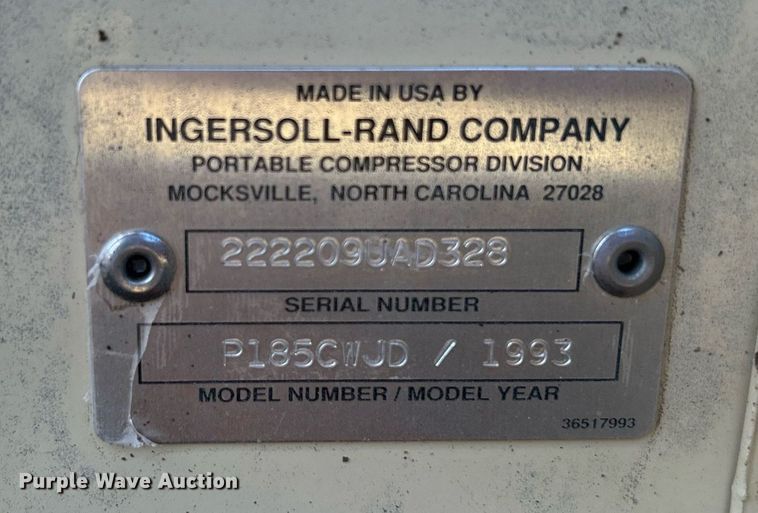 image for item DJ6357 1993 Ingersoll Rand P185CWJD  air compressor