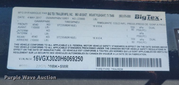 image for item DN4179 2017 Big Tex 22GN  equipment trailer