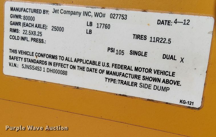 image for item DN4184 2013 Jet Company 45  side dump trailer