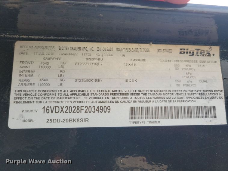 image for item DN4188 2015 Big Tex 25DU  dump trailer